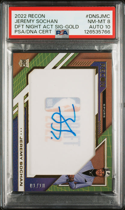 Jeremy Sochan 2022 Panini Recon Draft Night Gold Auto #1/10 PSA 8 Auto 10