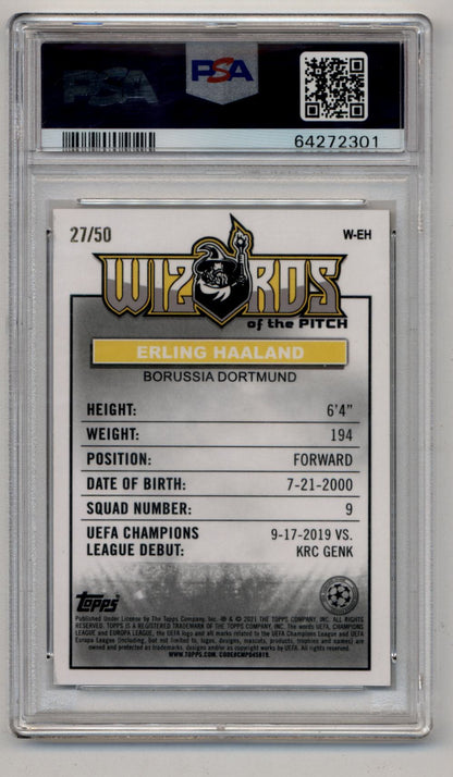 Erling Haaland 2020-21 Merlin Chrome UCL Wizards of the Pitch Gold Refractor 27/50 PSA 9 Mint