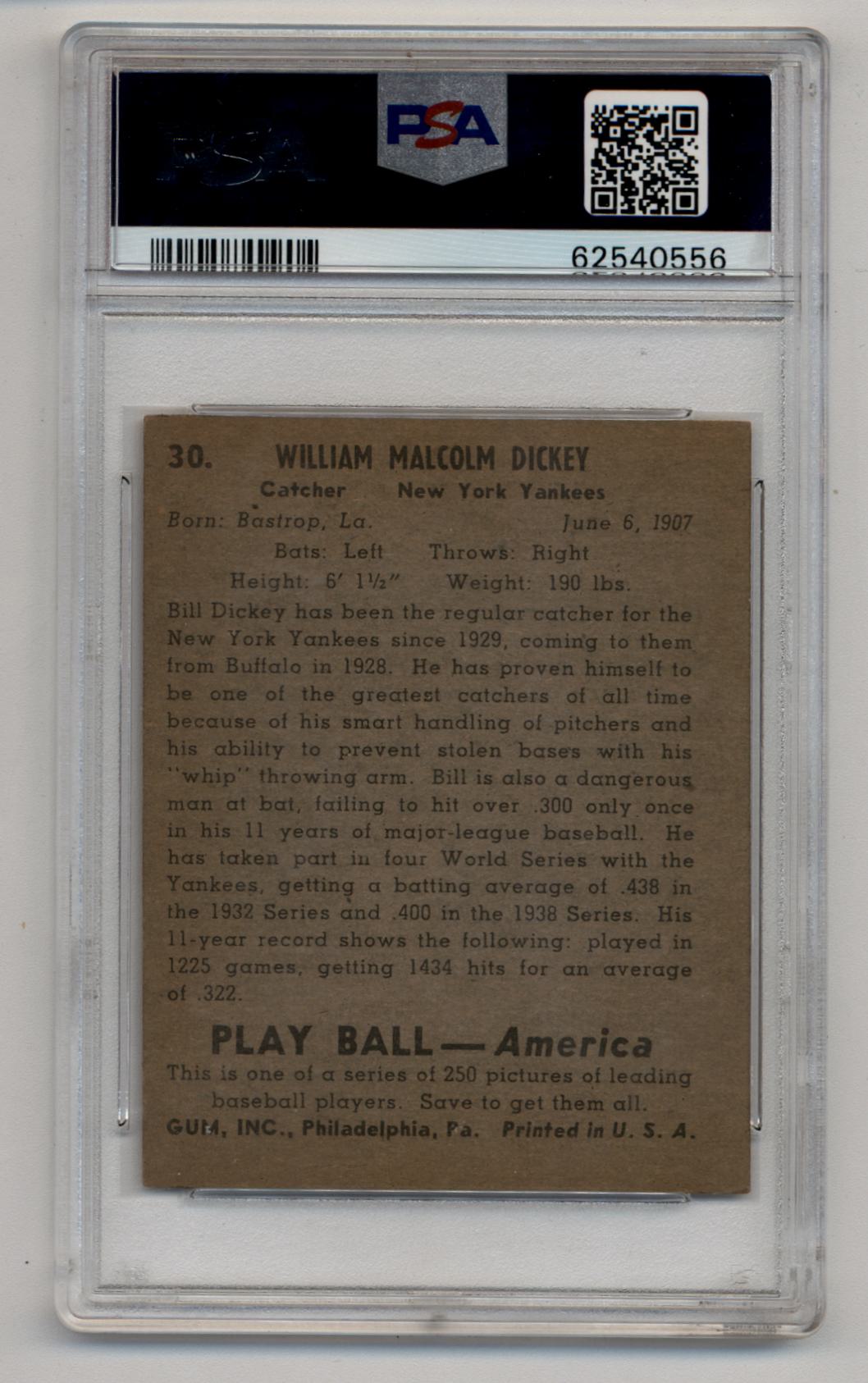 Bill Dickey 1939 Play Ball #30 PSA 6 Excellent-Mint