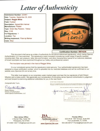 Reggie White Signed Mini Riddell Helmet JSA Authentication