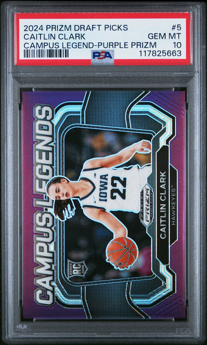 Caitlin Clark 2024 Panini Prizm Draft Campus Legend Purple Prizm #57/75 PSA 10 Gem Mint
