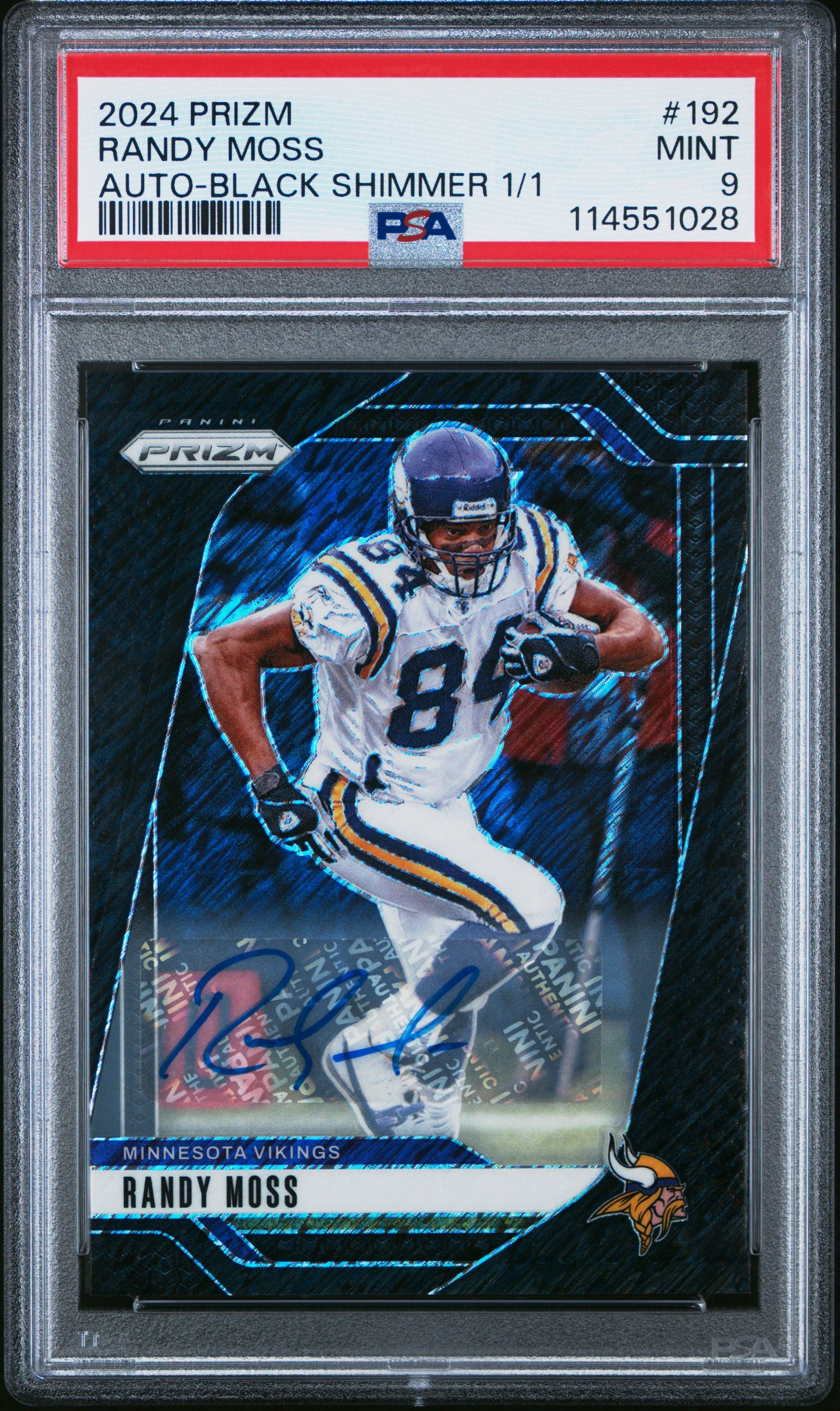 Randy Moss 2024 Panini Prizm #192 Black Shimmer Auto #1/1 PSA 9 Mint