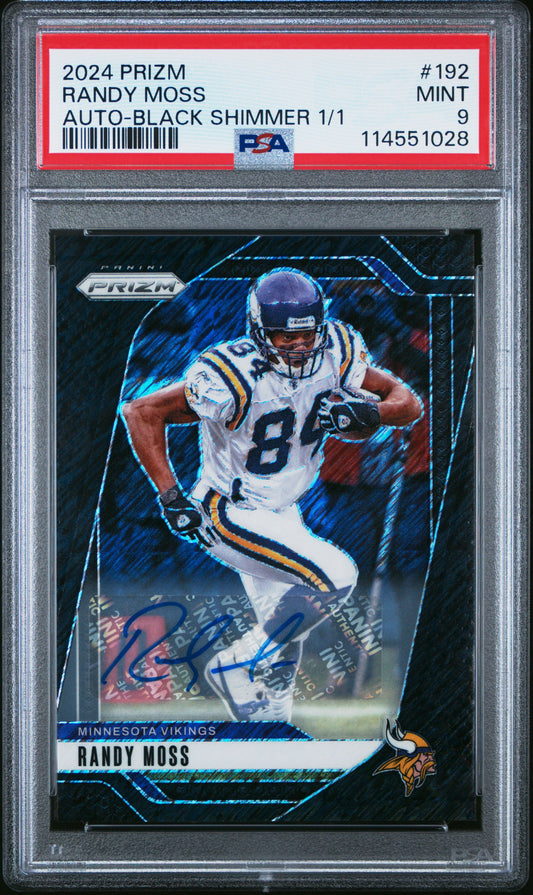 Randy Moss 2024 Panini Prizm #192 Black Shimmer Auto #1/1 PSA 9 Mint