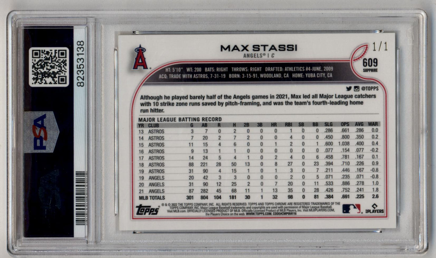Max Stassi 2022 Topps Chrome Sapphire Superfractor 1/1 PSA 10 Gem Mint
