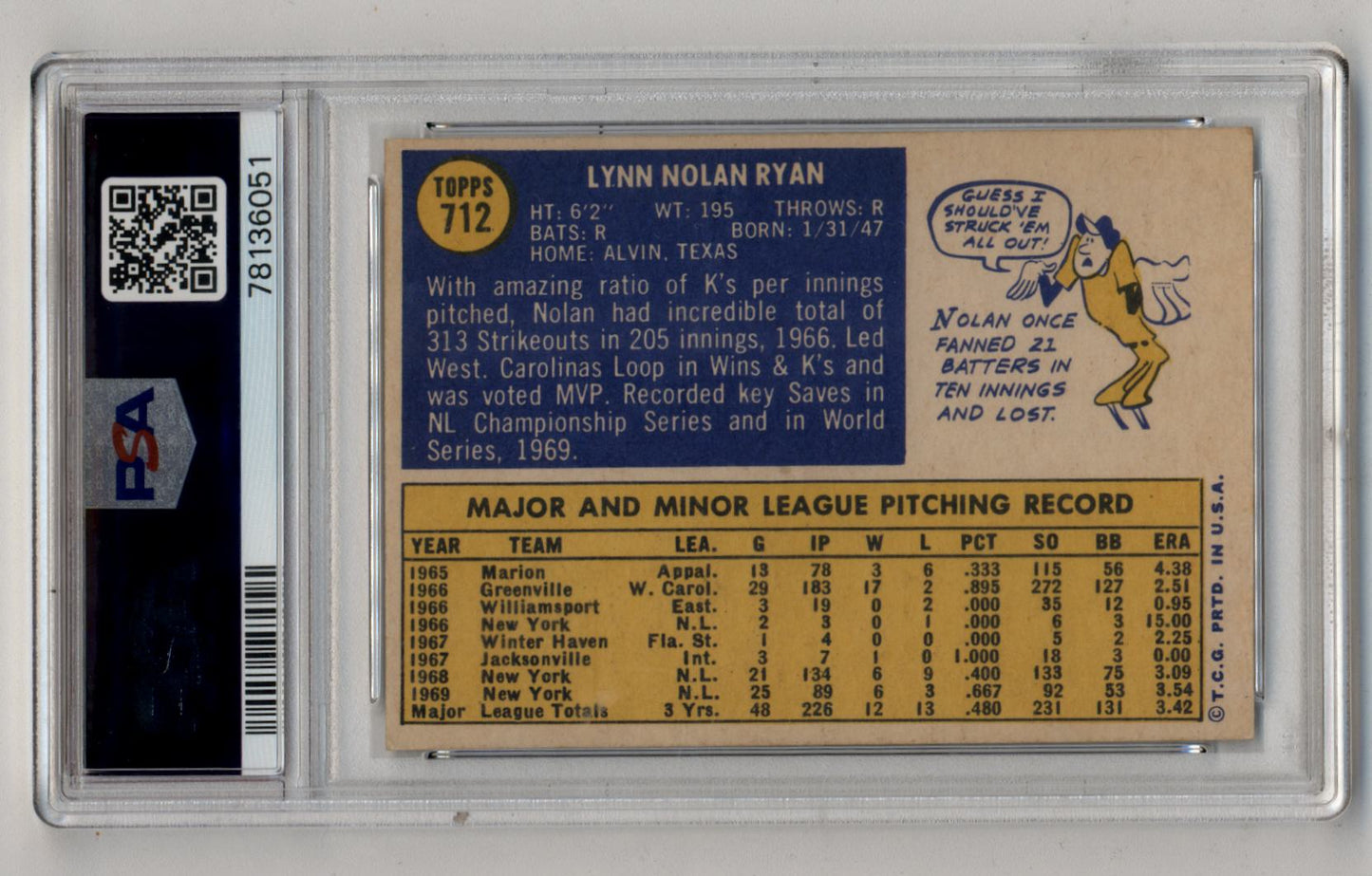 Nolan Ryan 1970 Topps #712 PSA 4 Very Good-Excellent 6051