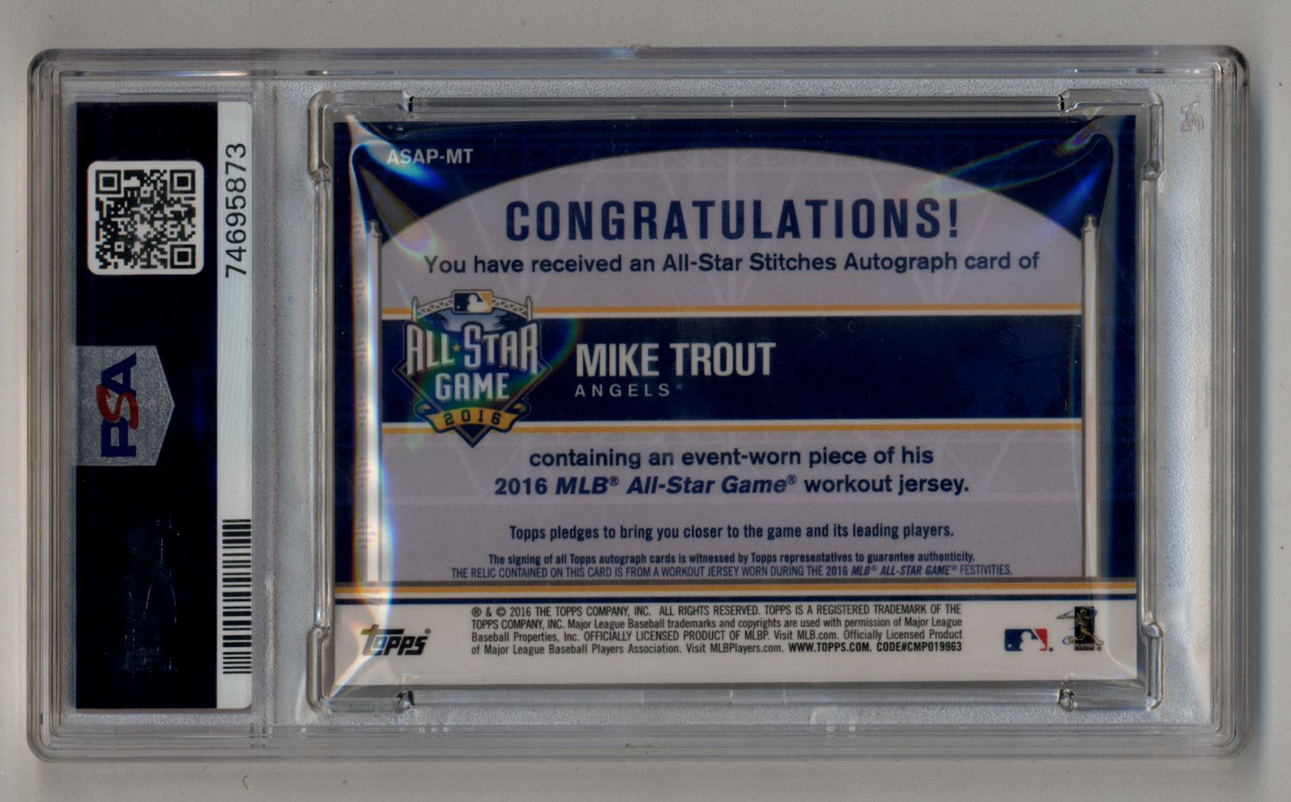 Mike Trout 2016 Topps Update All-Star Stitches Auto 14/25 PSA 8 Near Mint-Mint Auto 10