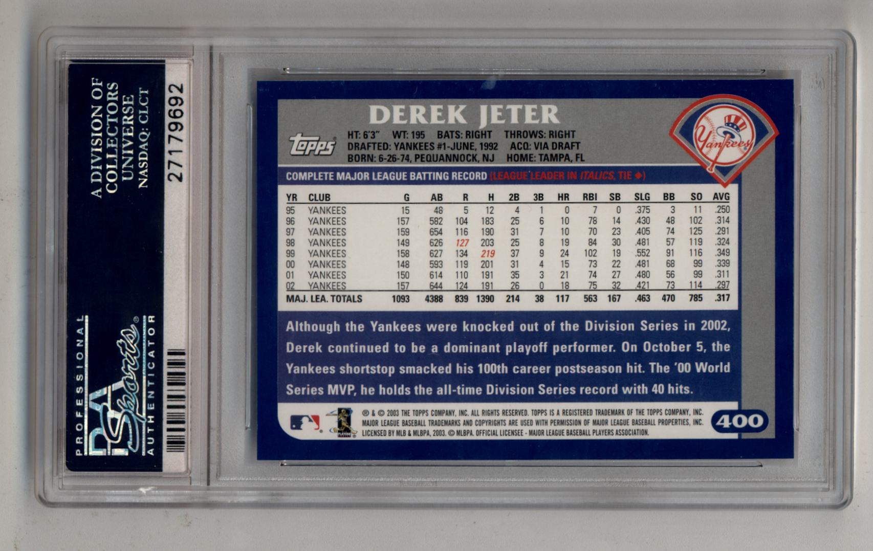 Derek Jeter 2003 Topps #400 Red Topps Logo PSA 10 Gem Mint – Three