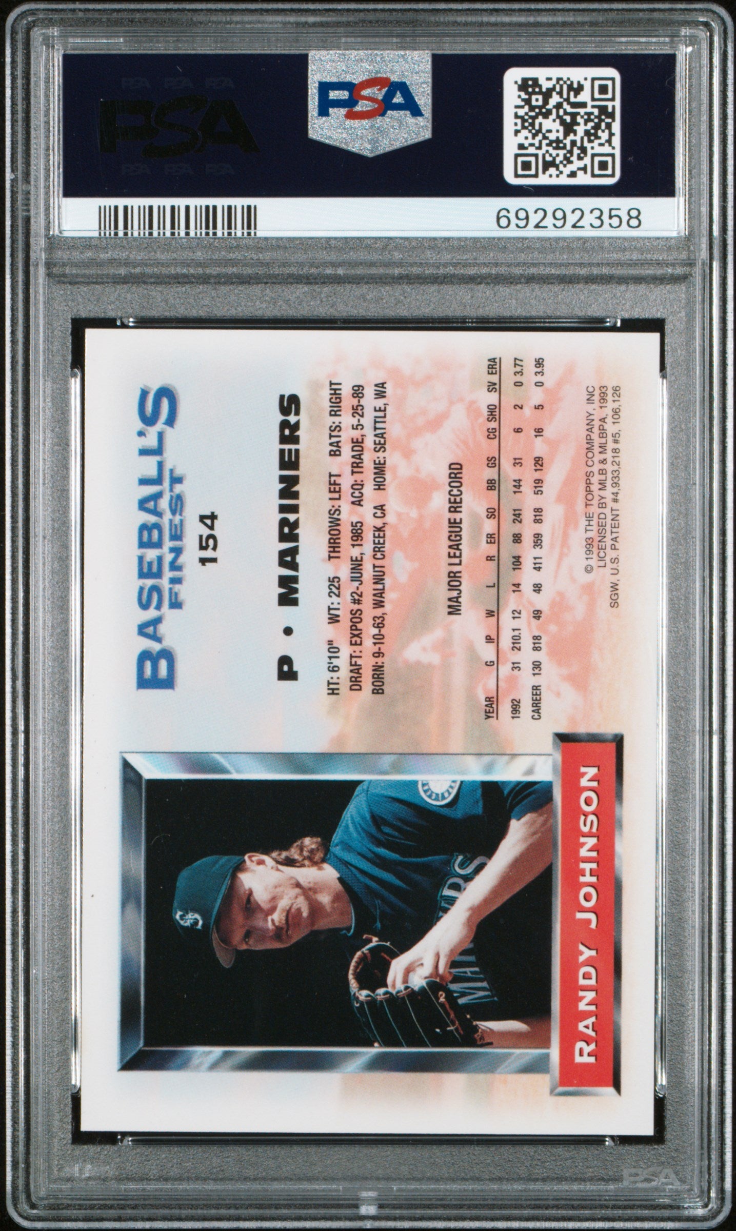 Randy Johnson 1993 Topps Finest Refractor #154 PSA 8 Nm-Mint