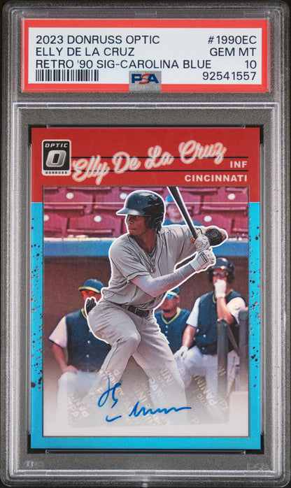 Elly de la Cruz 2023 Donruss Optic #1990EC Carolina Blue Auto #22/35 PSA 10 Gem Mint