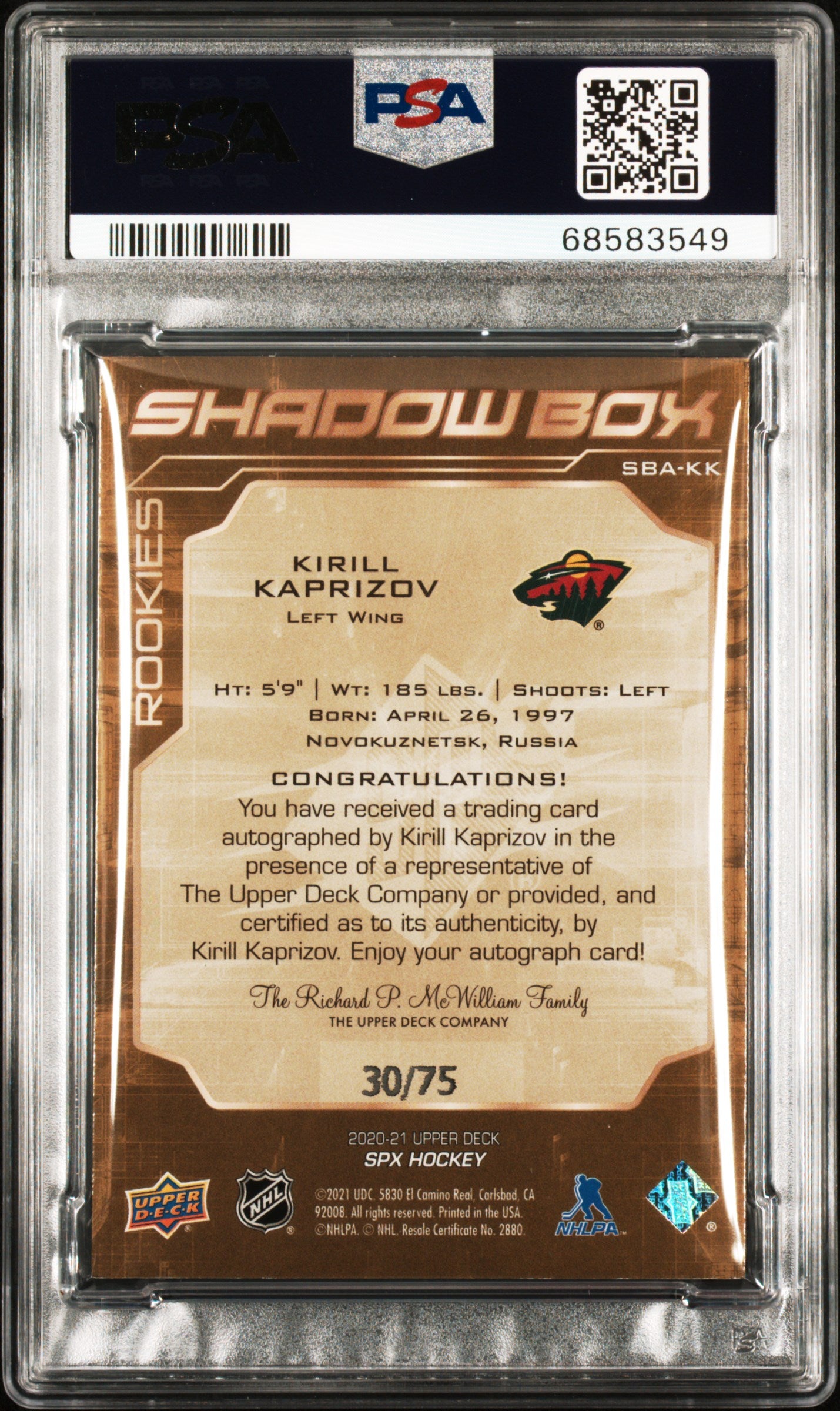 Kirill Kaprizov 2020 Upper Deck SPX Shadowbox Auto #30/75 PSA 9 Mint