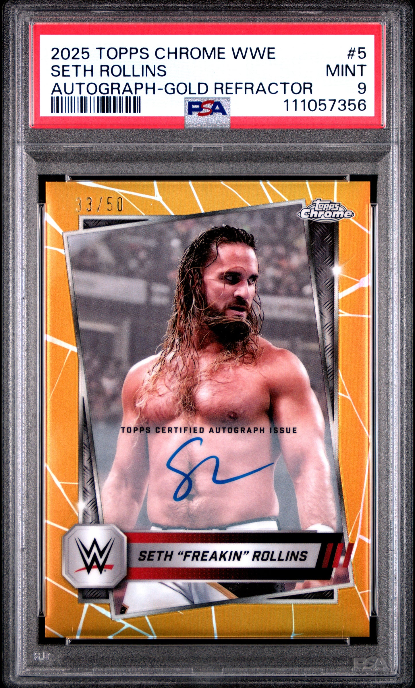 Seth Rollins 2025 Topps Chrome WWE Gold Refrractor Auto #33/50 PSA 9 Mint