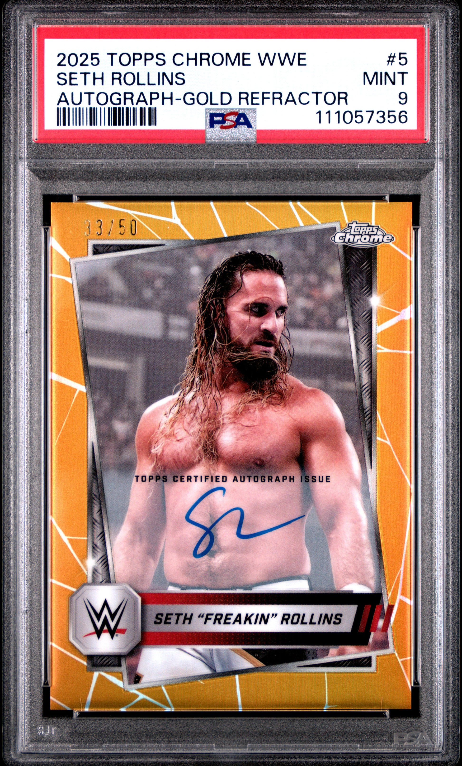 Seth Rollins 2025 Topps Chrome WWE Gold Refrractor Auto #33/50 PSA 9 Mint