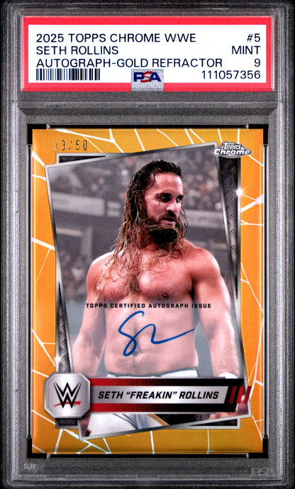 Seth Rollins 2025 Topps Chrome WWE Gold Refrractor Auto #33/50 PSA 9 Mint