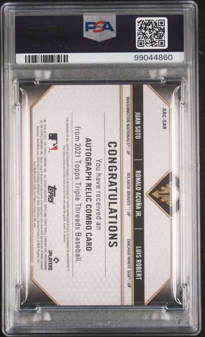 Juan Soto + Luis Robert + Roanld Acuna Jr. 2021 Topps Triple Threads Jersey Auto #4/27 PSA 9 Auto 10