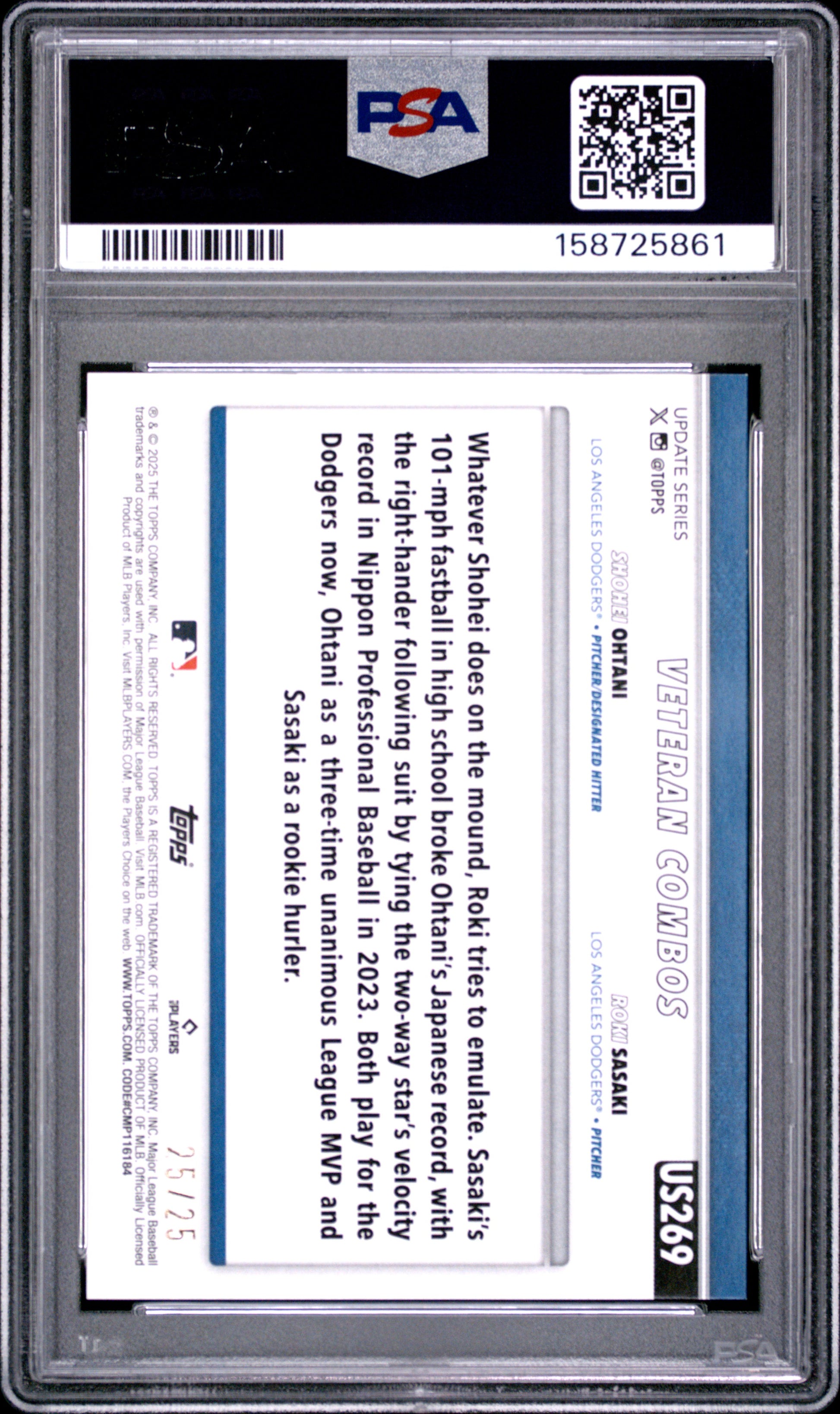 Shohei Ohtani/Roki Sasaki 2025 Topps Update #269 Orange Diamante #25/25 PSA 9 Mint