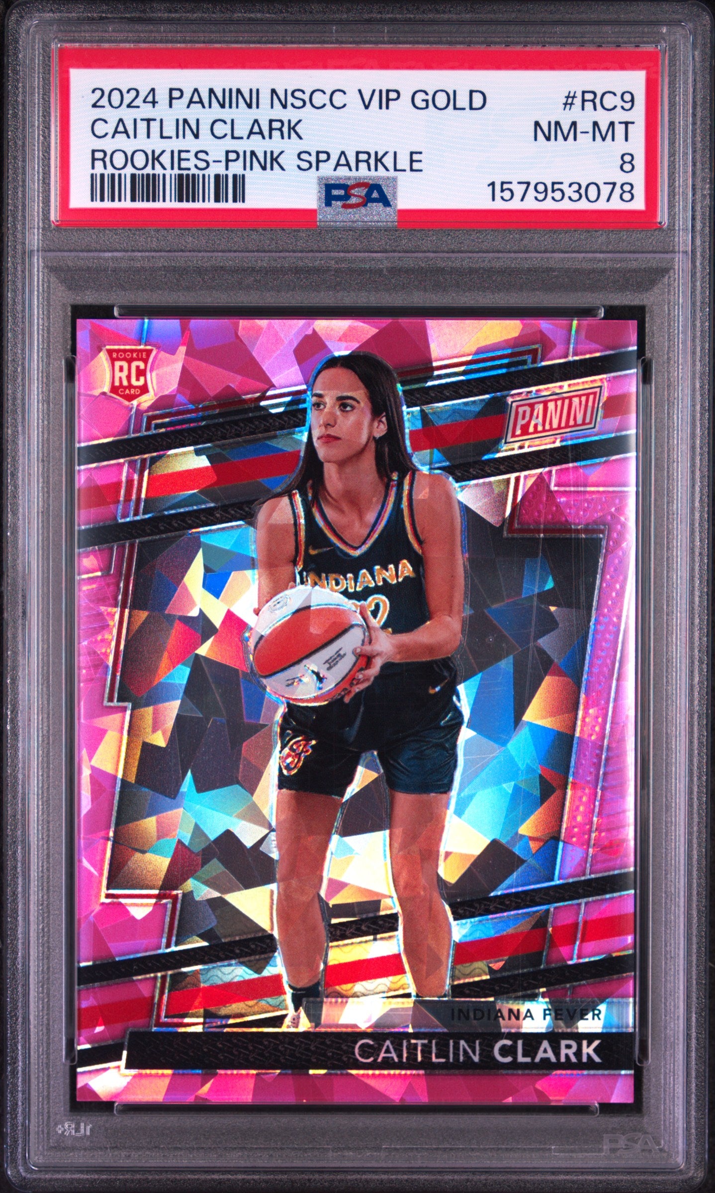 Caitlin Clark 2024 Panini NSCC VIP Gold #RC9 Pink Sparkle #77/88 PSA 8 Nm-Mint