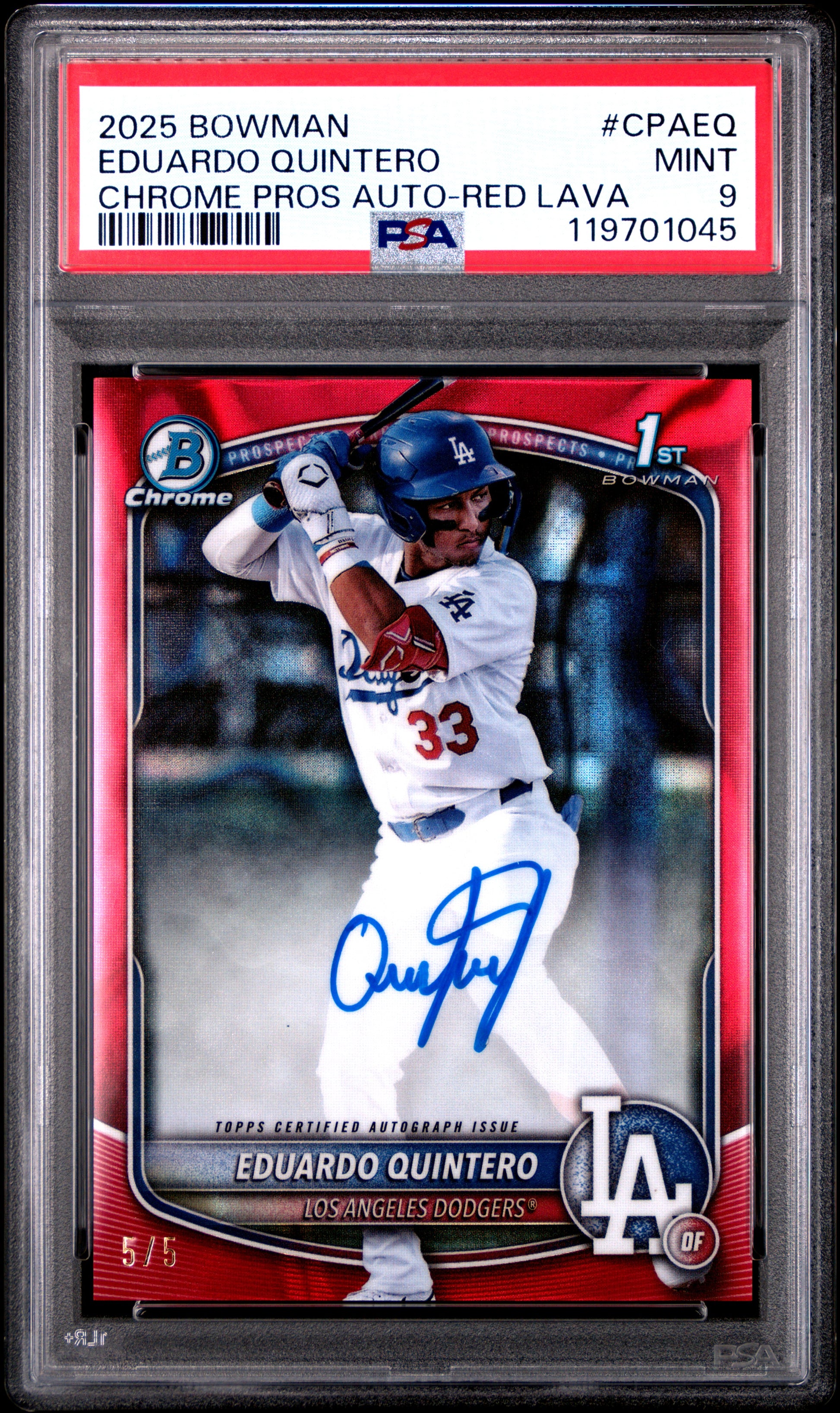 Eduardo Quintero 2025 Bowman Chrome Red Lava Auto #5/5 PSA 9 Mint