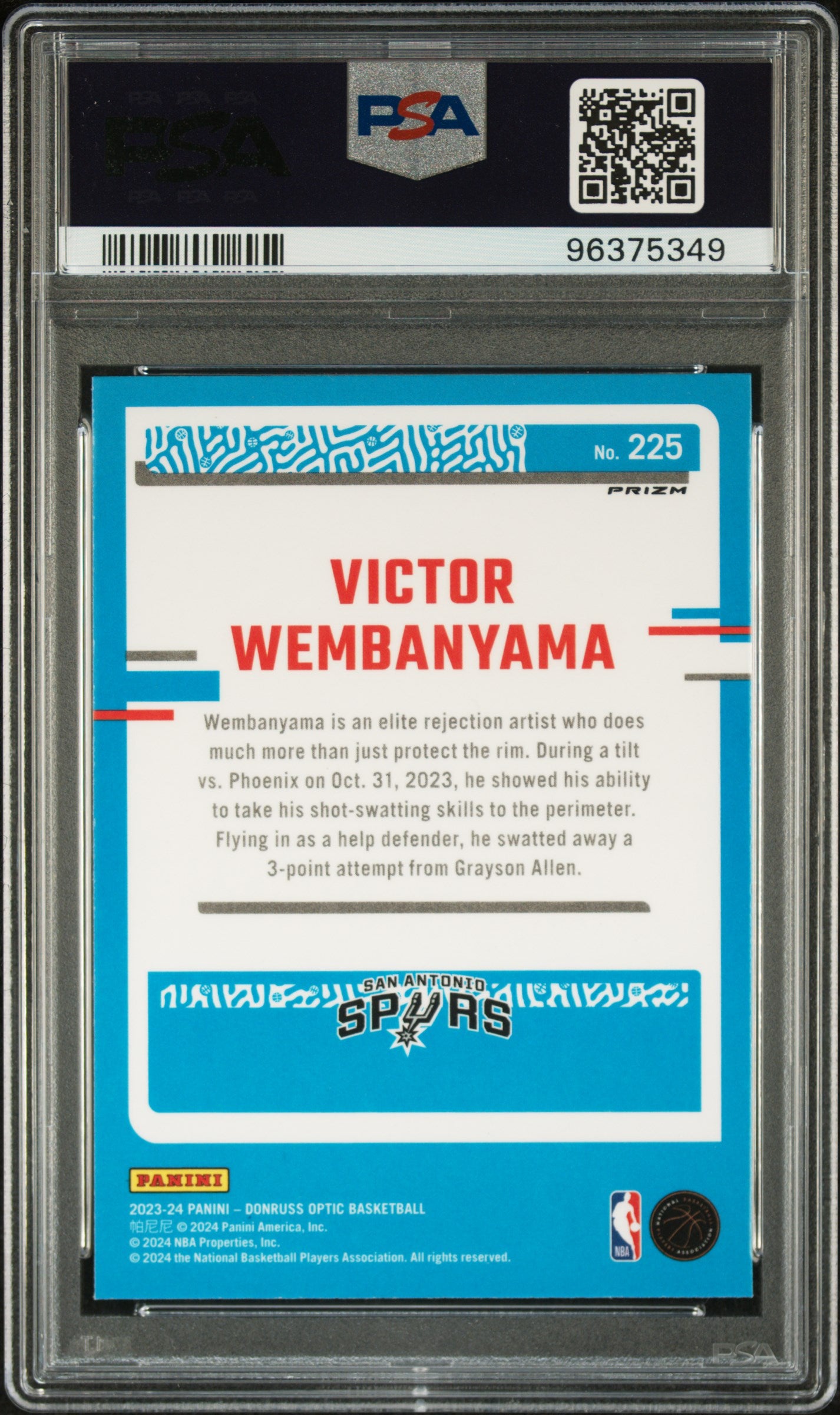 Victor Wembanyama 2023 Donruss Optic Rookie #225 Holo PSA 10 Gem Mint 5349
