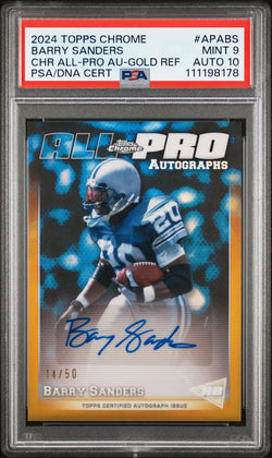 Barry Sanders 2024 Topps Chrome All-Pro Gold Refractor Auto #14/50 PSA 9 Auto 10