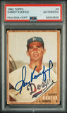 Sandy Koufax 1962 Topps #5 Autograph PSA Auth