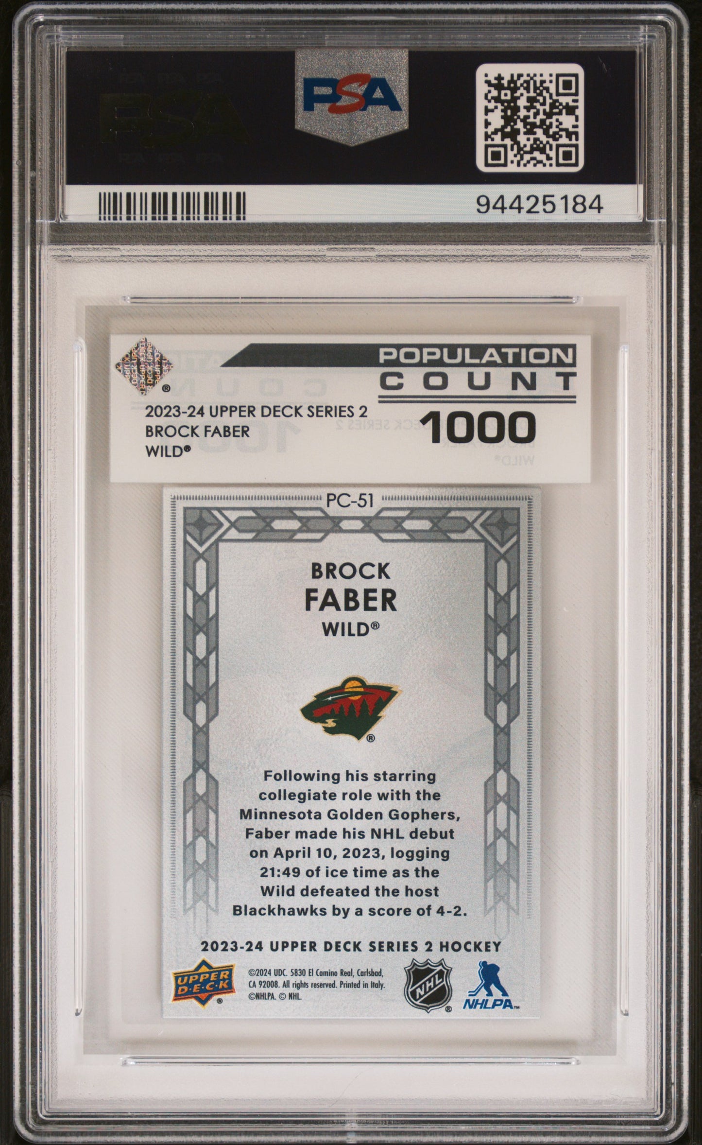 Brock Faber 2023 Upper Deck Population Count 1000 PSA 10 Gem Mint