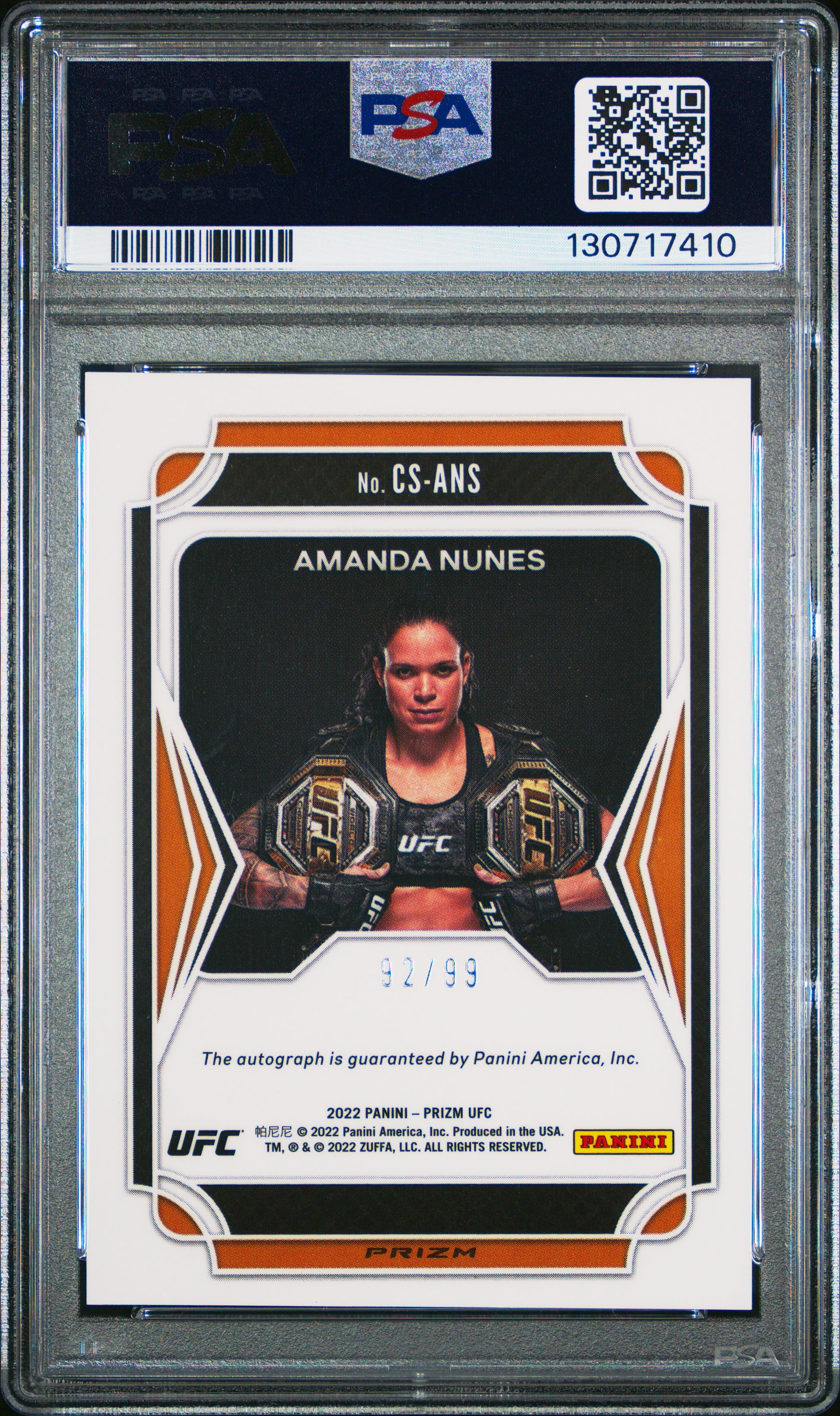 Amanada Nunes 2022 Panini Prizm UFC Red Prizm Champion Signatures PSA 9 Mint