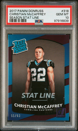 Christian McCaffrey 2017 Panini Donruss Rookie Season Stat Line #55/63 PSA 10 Gem Mint
