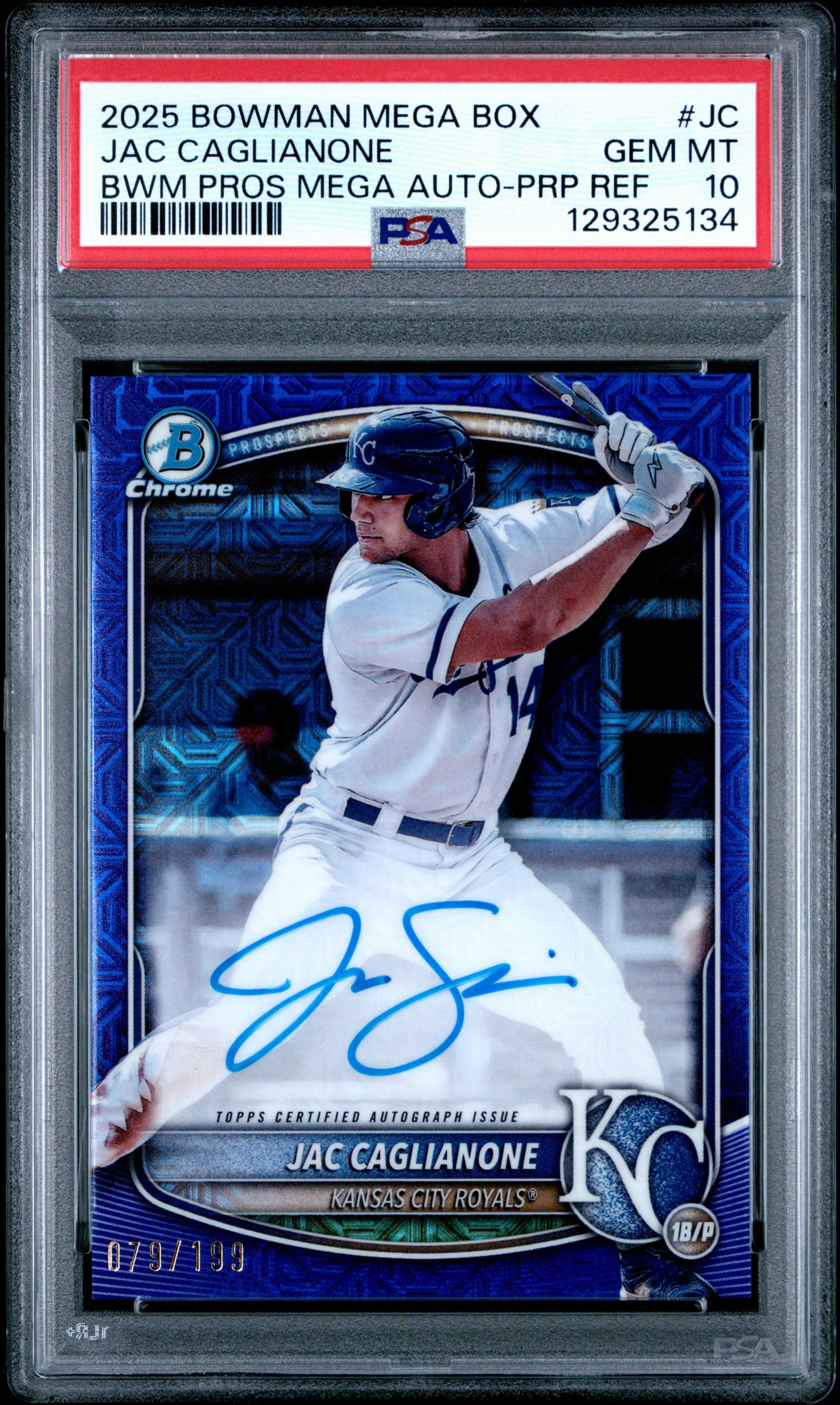 Jac Caglianone 2025 Bowman Mega Box Purple Refractor Auto #79/199 PSA 10 Gem Mint