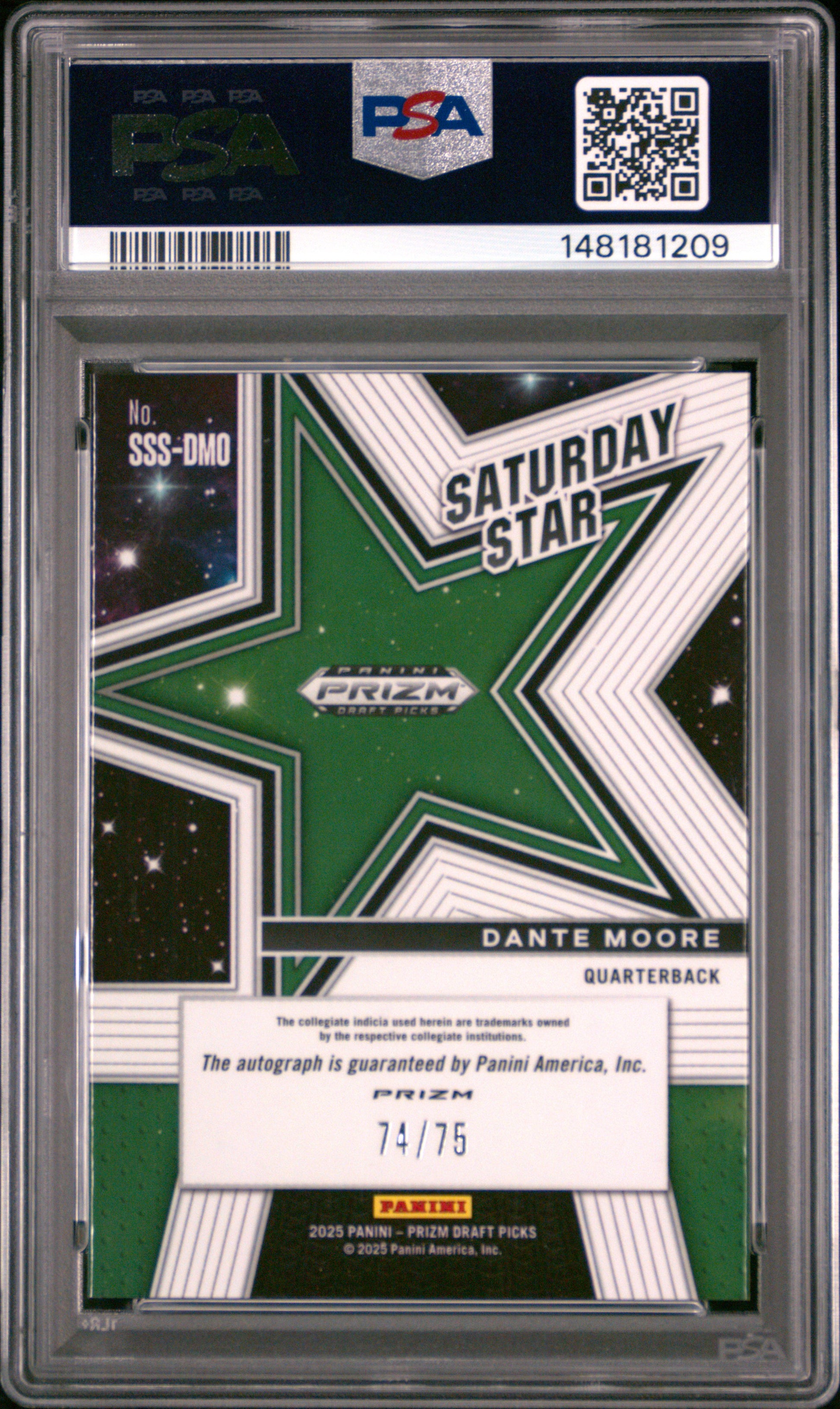 Dante Moore 2025 Panini PRizm Draft Saturday Star Orange Pulsar Auto #74/75 PSA 10 Gem Mint