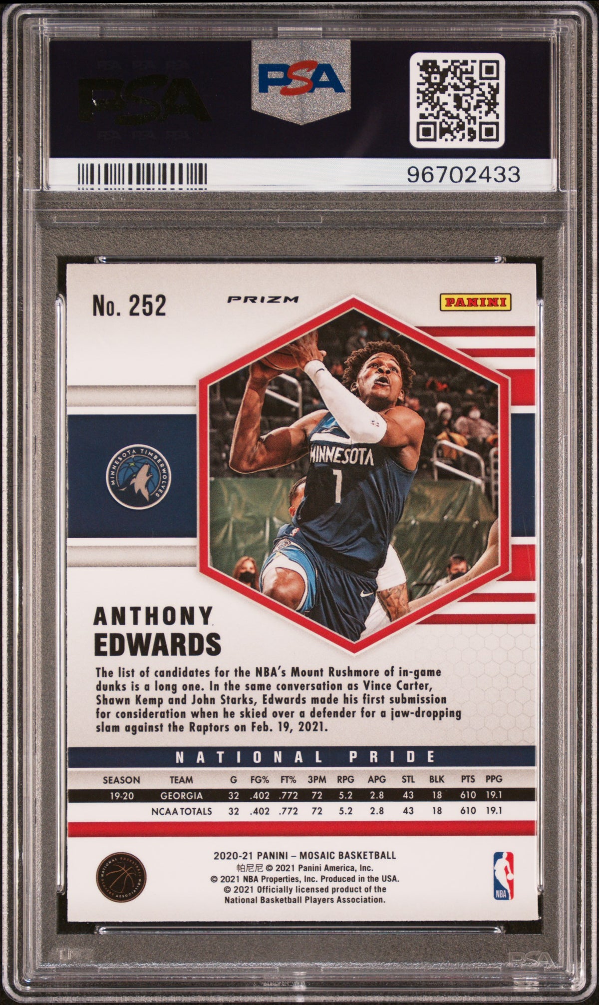 Anthony Edwards 2020 Panini Mosaic #252 Red wave PSA 10 Gem Mint 2433
