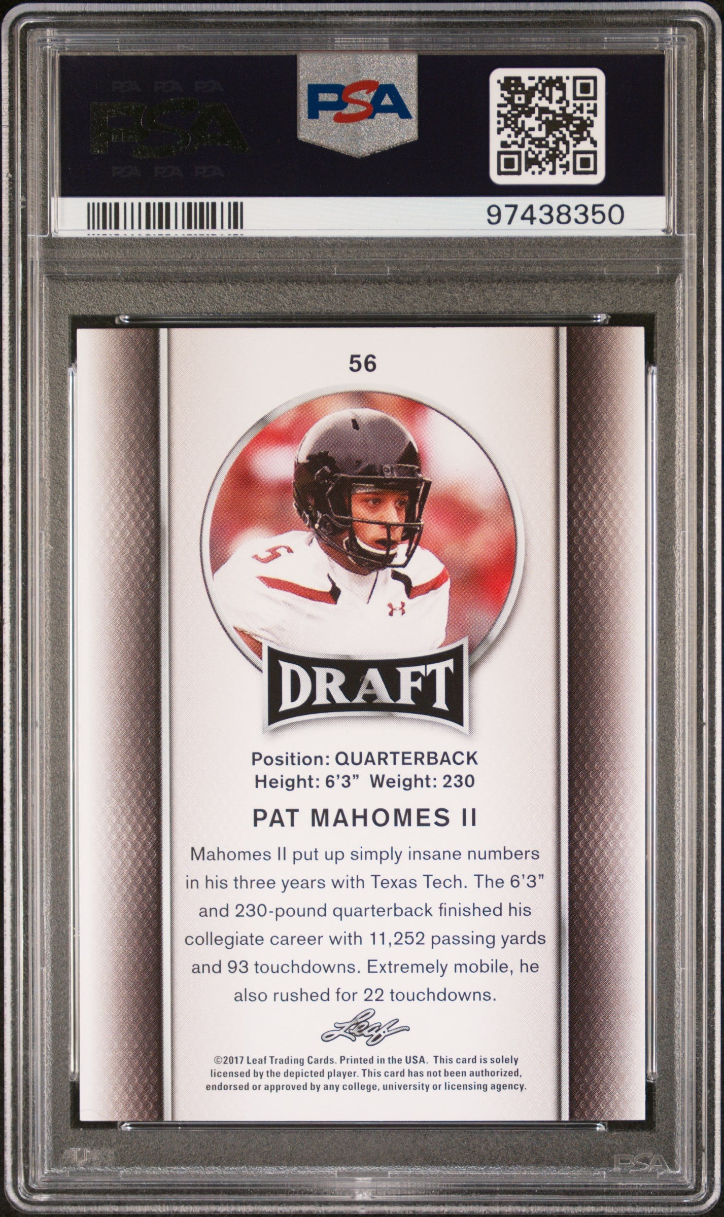 Patrick Mahomes 2017 Leaf Draft Gold #56 PSA 10 Gem Mint