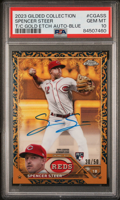 Spencer Steer 2023 Topps Gilded Collection Gold Etch Auto #30/50 PSA 10 Gem Mint