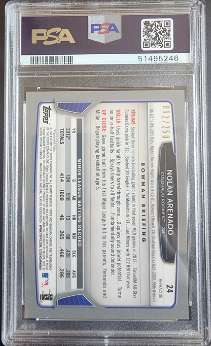 Nolan Arenado 2013 Bowman Chrome #24 Blue Refractor #92/250 PSA 9 Mint