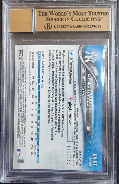 Gleyber Torres 2018 Topps Chrome Blue Wave Refractor Auto #121/150 BGS 10 Pristine Auto 10