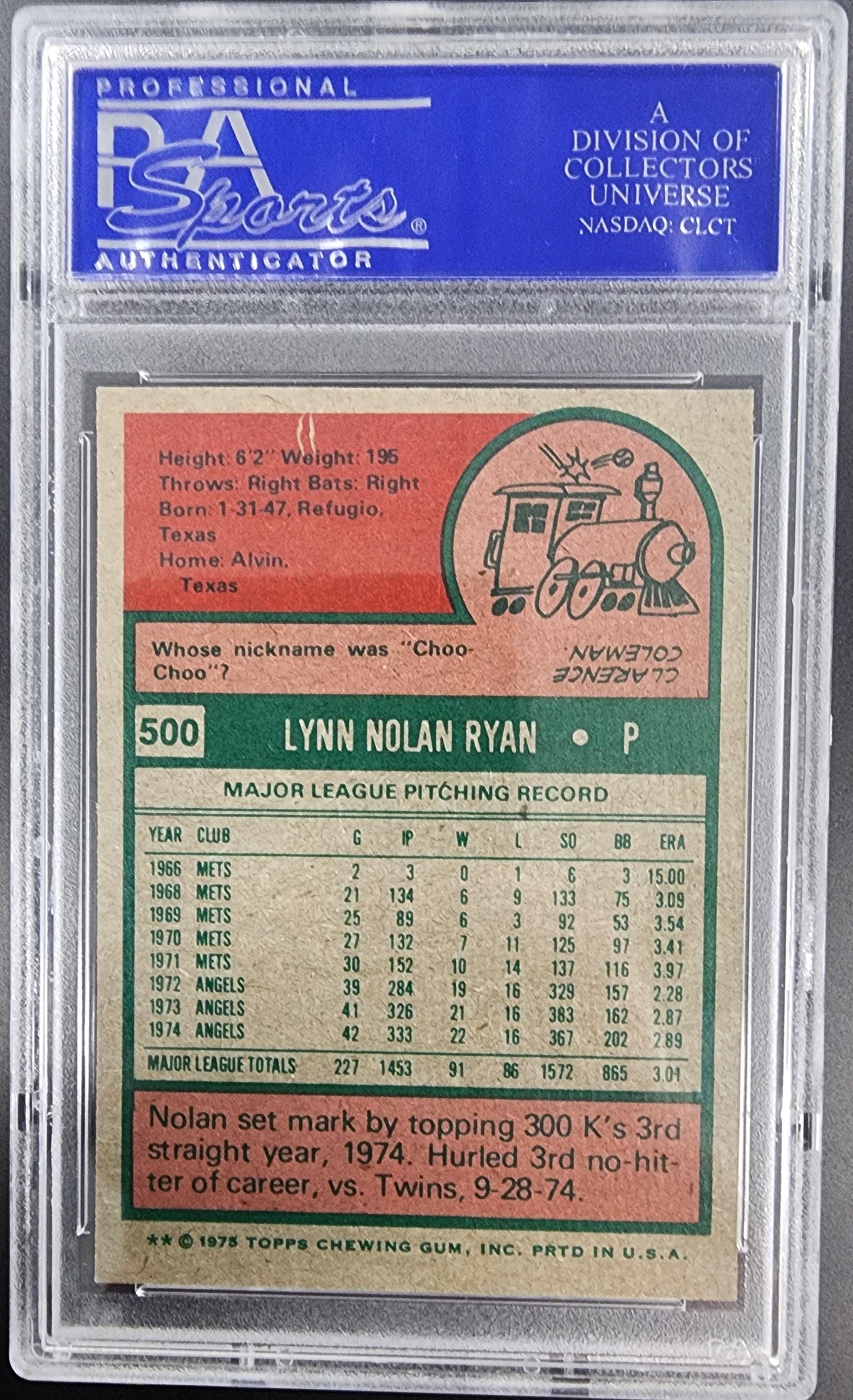 Nolan Ryan 1975 Topps #500 PSA 7 Near Mint