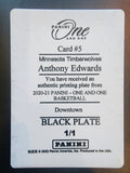 Anthony Edwards 2020 Panini One Downtown Black Plate #1/1