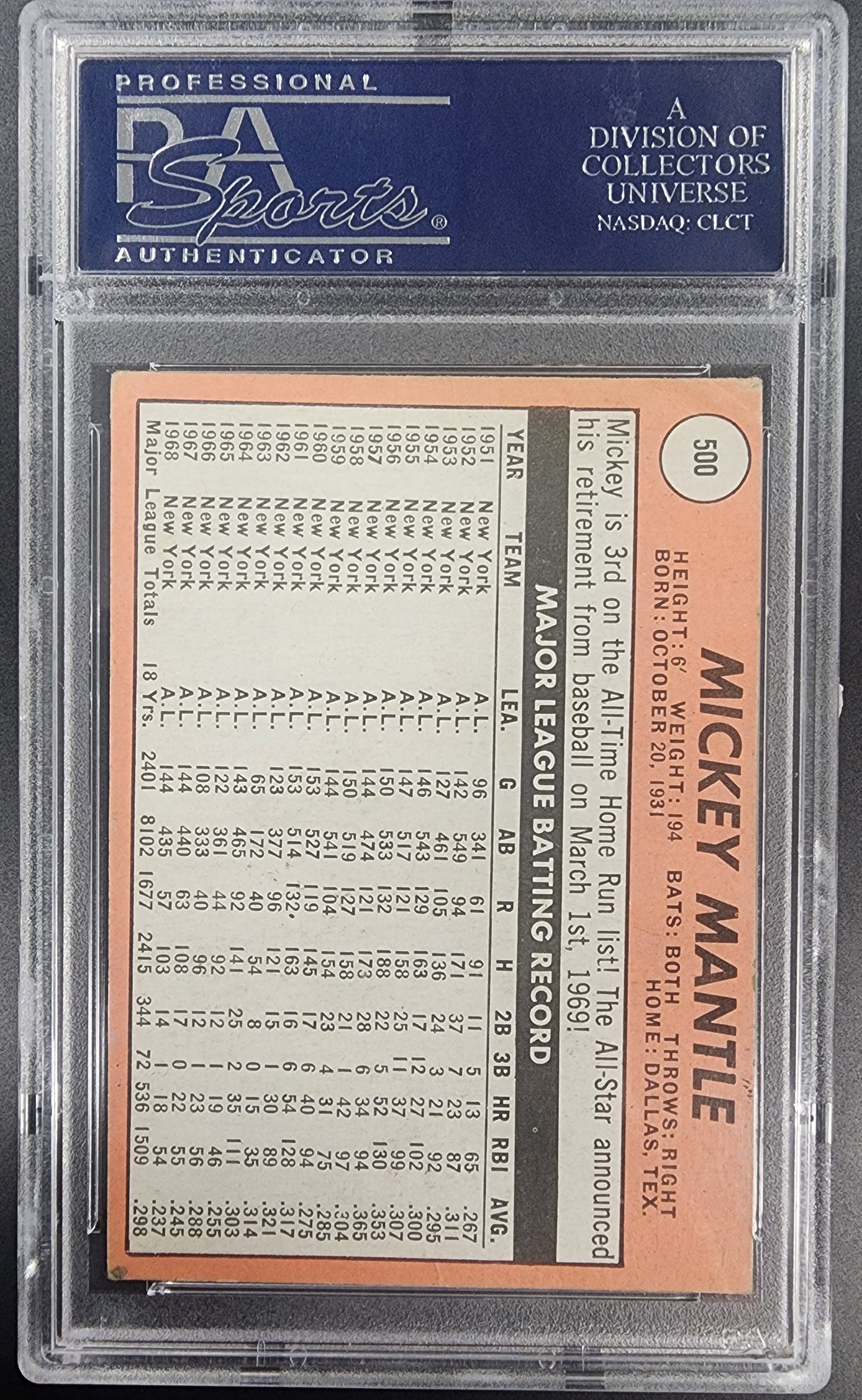 Mickey Mantle 1969 Topps #500 PSA 3 Very Good