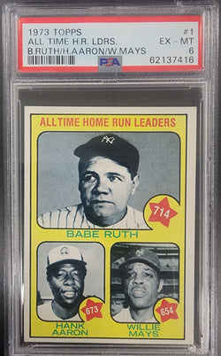 Babe Ruth + Hank Aaron + Willie Mays 1973 Topps Home Run Leaders #1 PSA 6 EX-MT