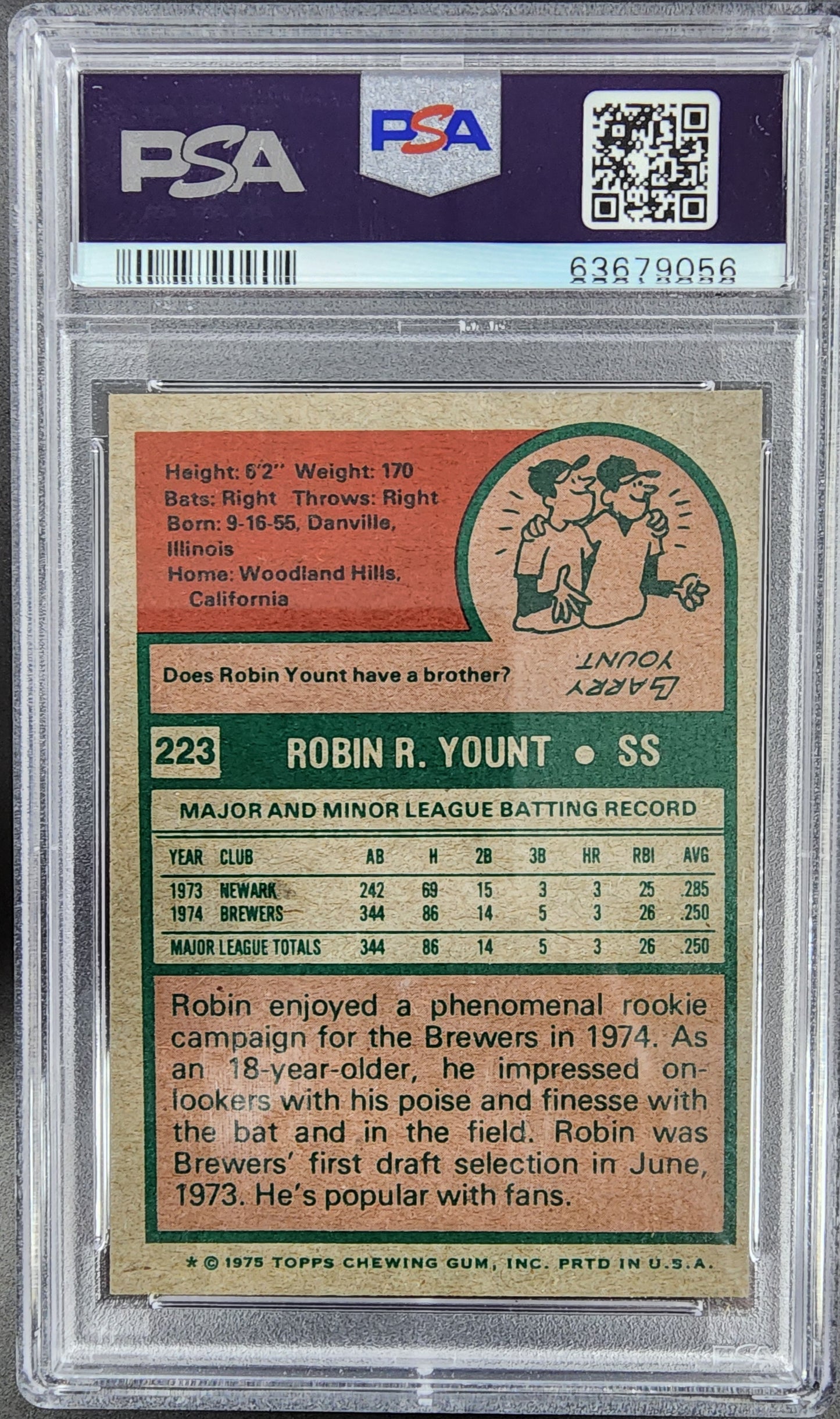 Robin Yount 1975 Topps #223 PSA 7 Near Mint 9056