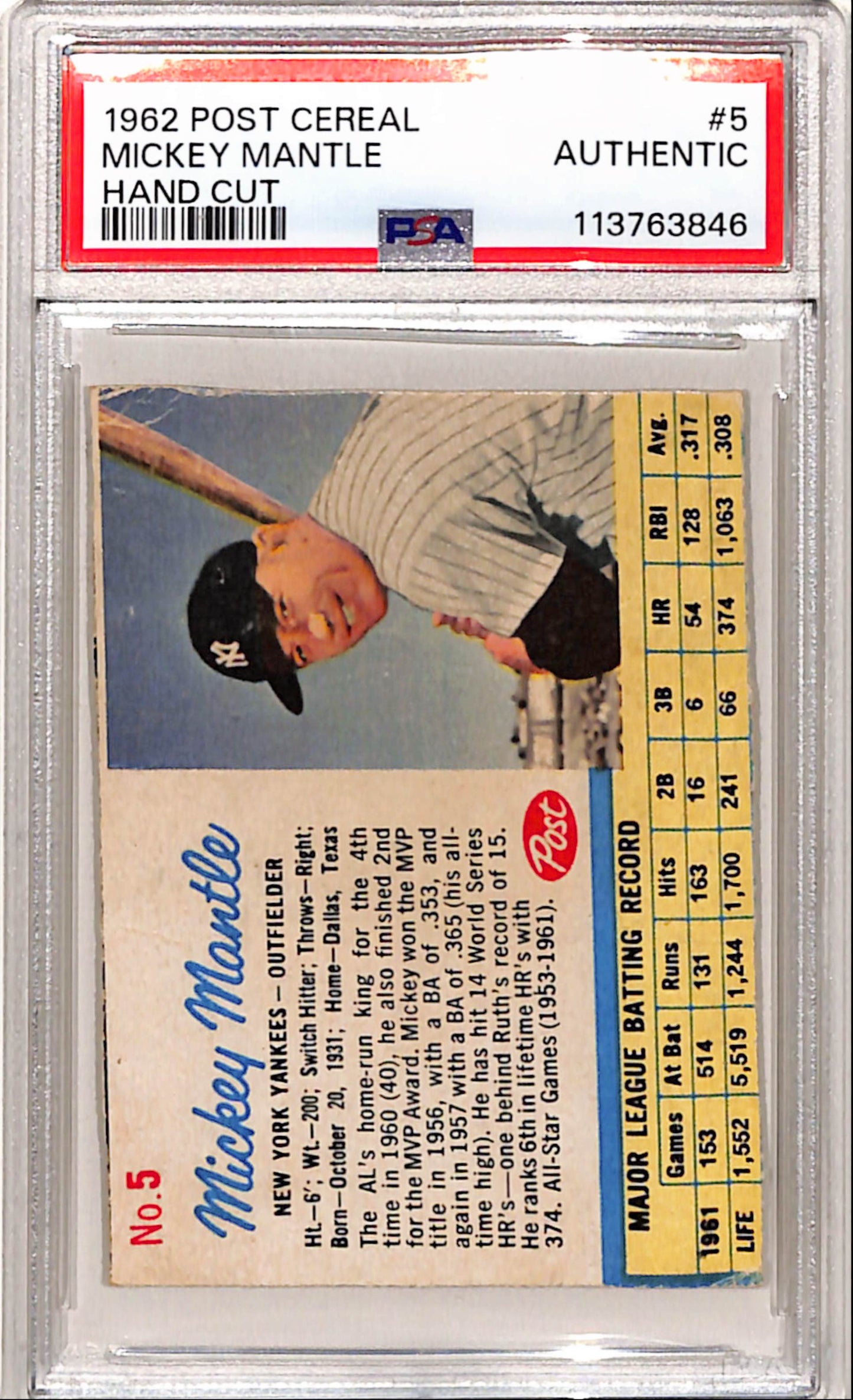 Mickey Mantle 1962 Post #5 PSA Authentic