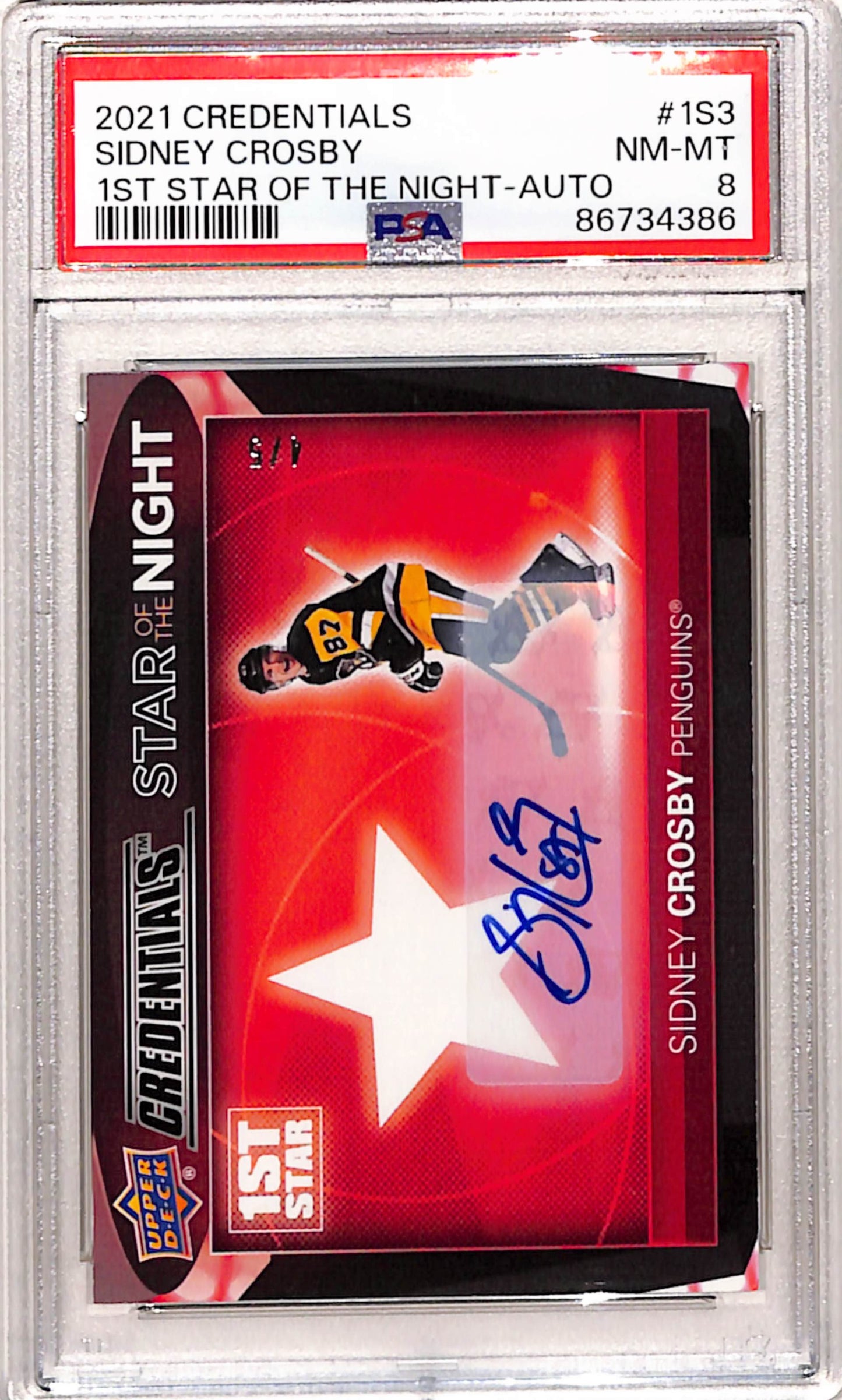 Sidney Crosby 2021 Upper Deck Credentials 1st Star Auto #4/5 PSA 8 Nm-Mint