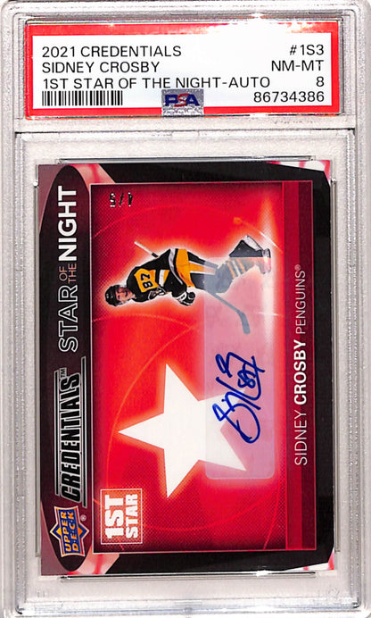 Sidney Crosby 2021 Upper Deck Credentials 1st Star Auto #4/5 PSA 8 Nm-Mint
