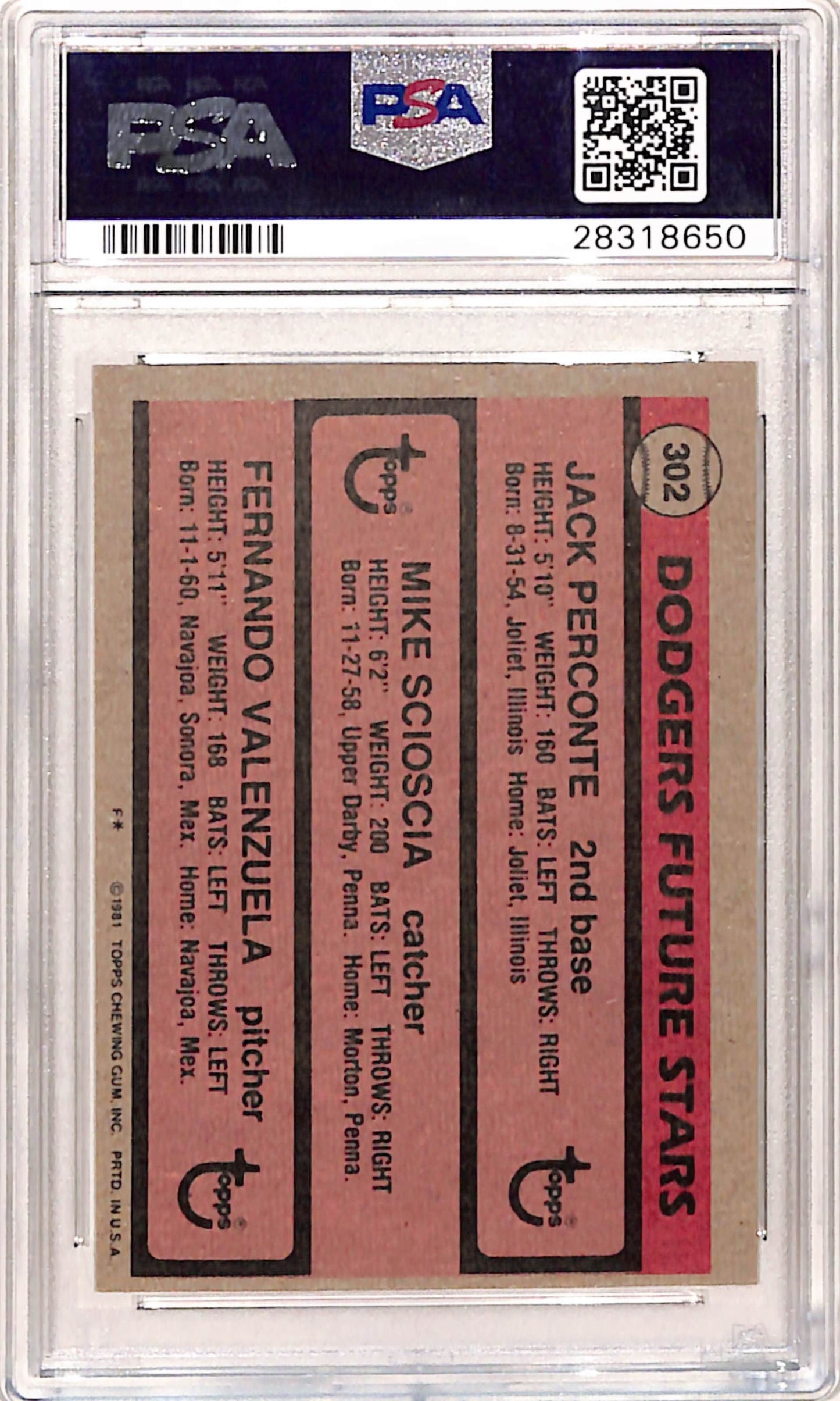 Fernando Valenzuela/Mike Scioscia 1981 Topps Rookie #302 PSA 9 Mint