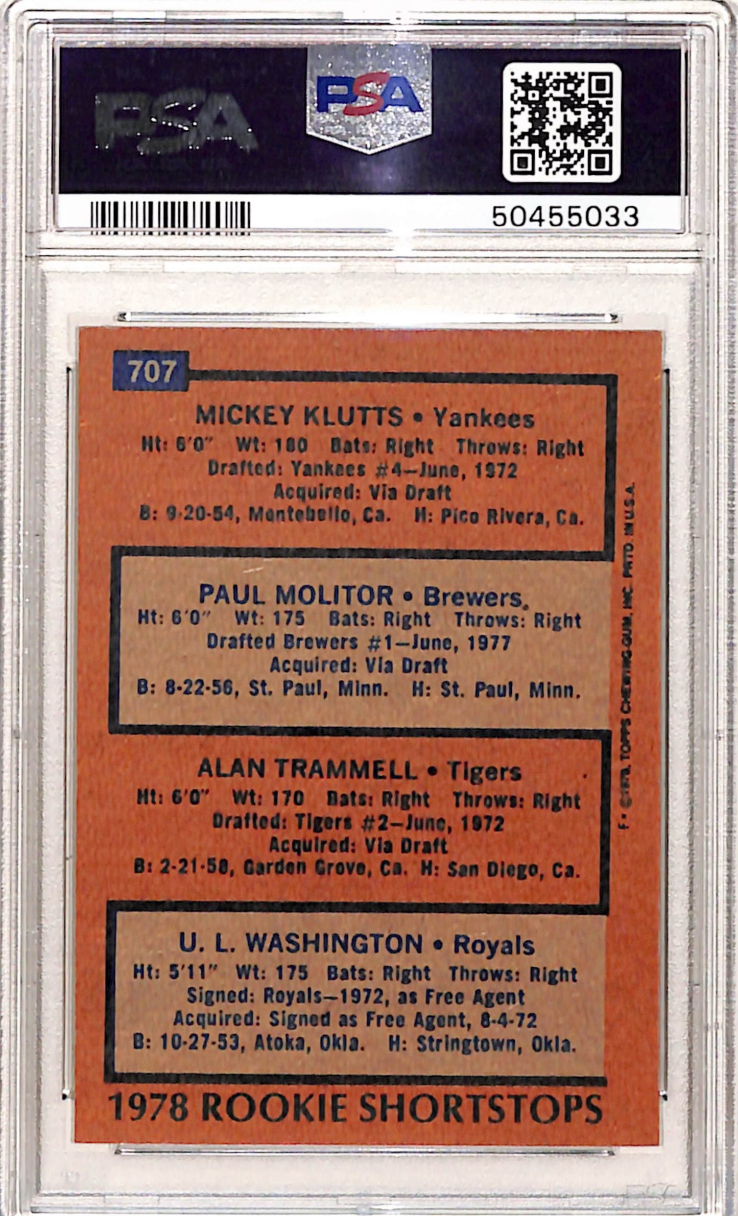 Paul Molitor + Alan Trammell 1978 Topps Rookie #707 PSA 8 Nm-Mint 5033