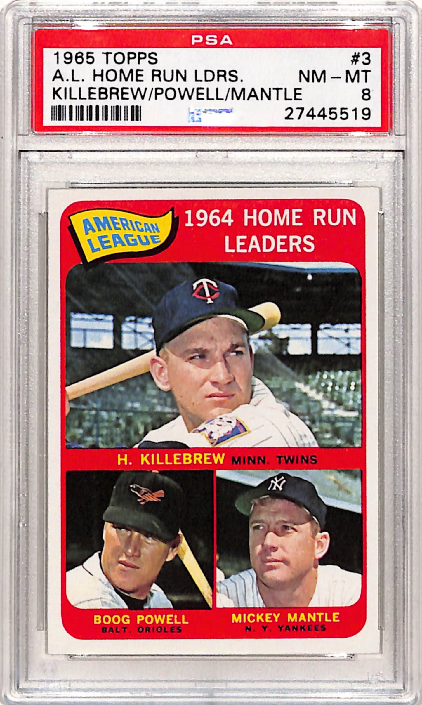 Mantle + Killebrew 1965 Topps Home Run Leaders #3 PSA 8 Nm-Mint