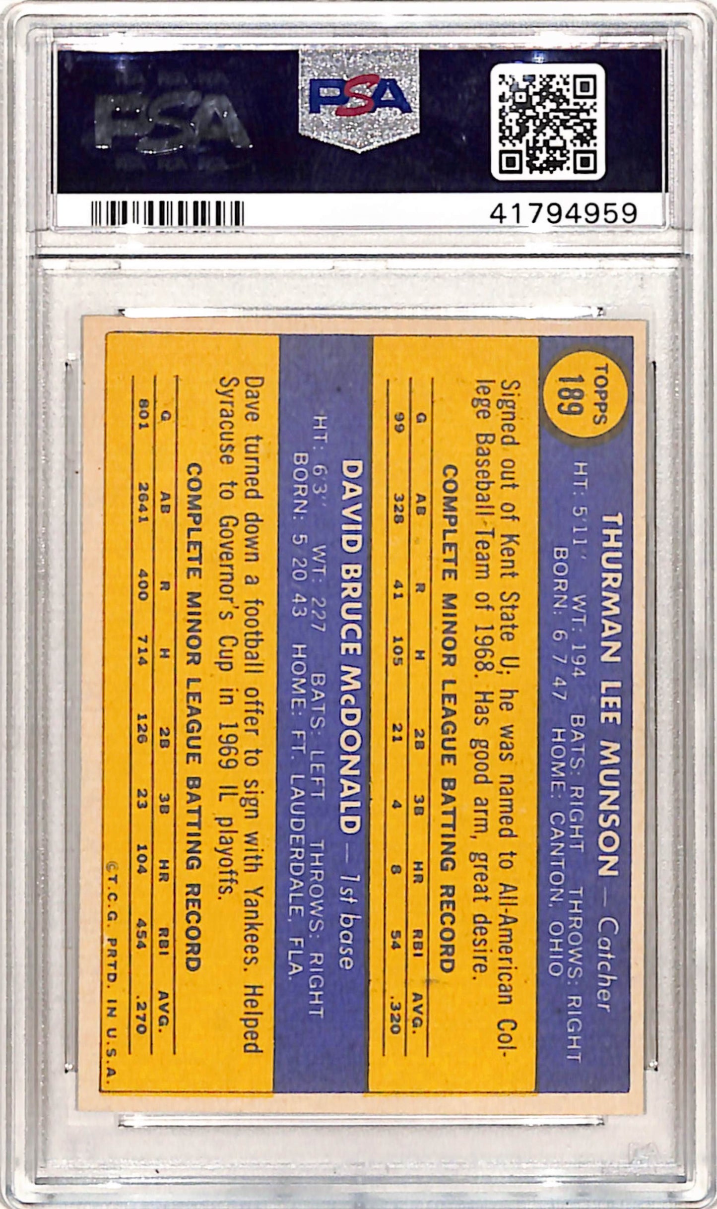 Thurman Munson 1970 Topps Rookie #189 PSA 8 Nm-Mint
