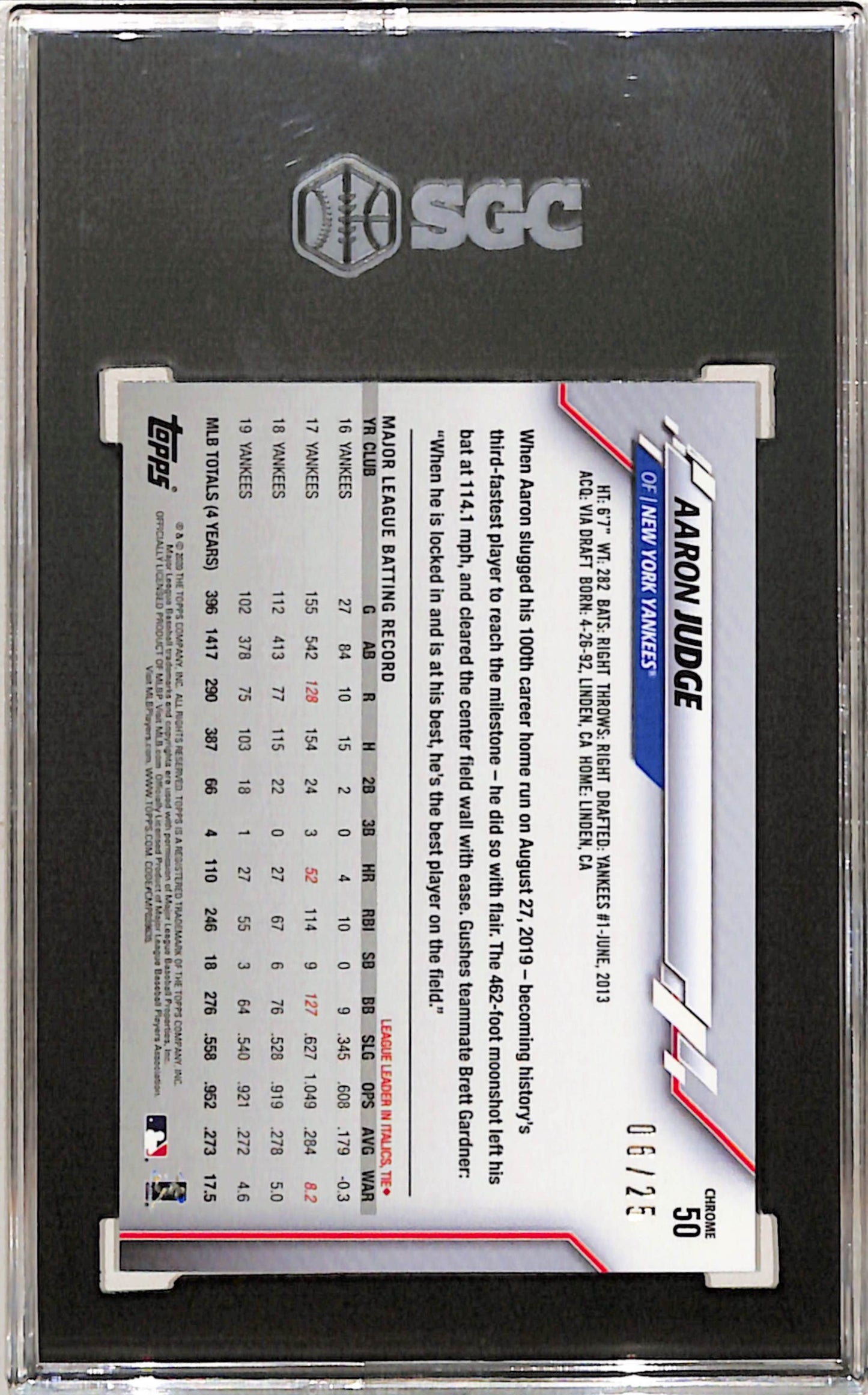 Aaron Judge 2020 Topps Chrome Catching Orange Refractor #6/25 SGC 10 Gem Mint