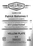 Patrick Mahomes 2017 Panini Limited Yellow Printing Plate #1/1