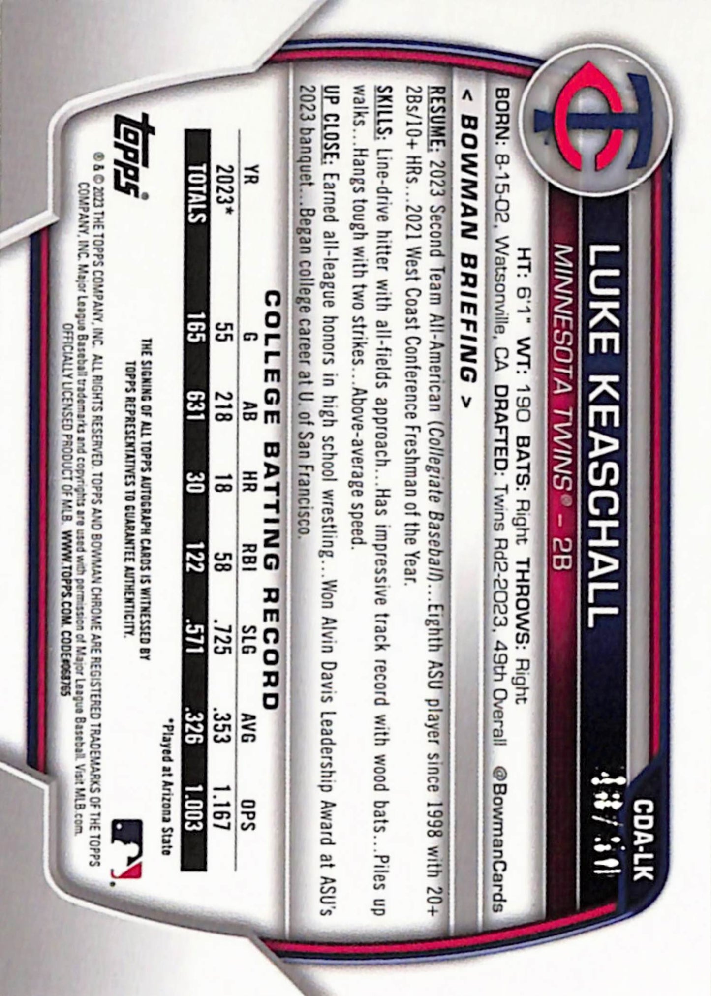 Luke Keaschall 2023 Bowman Draft Gold Wave Auto #48/50