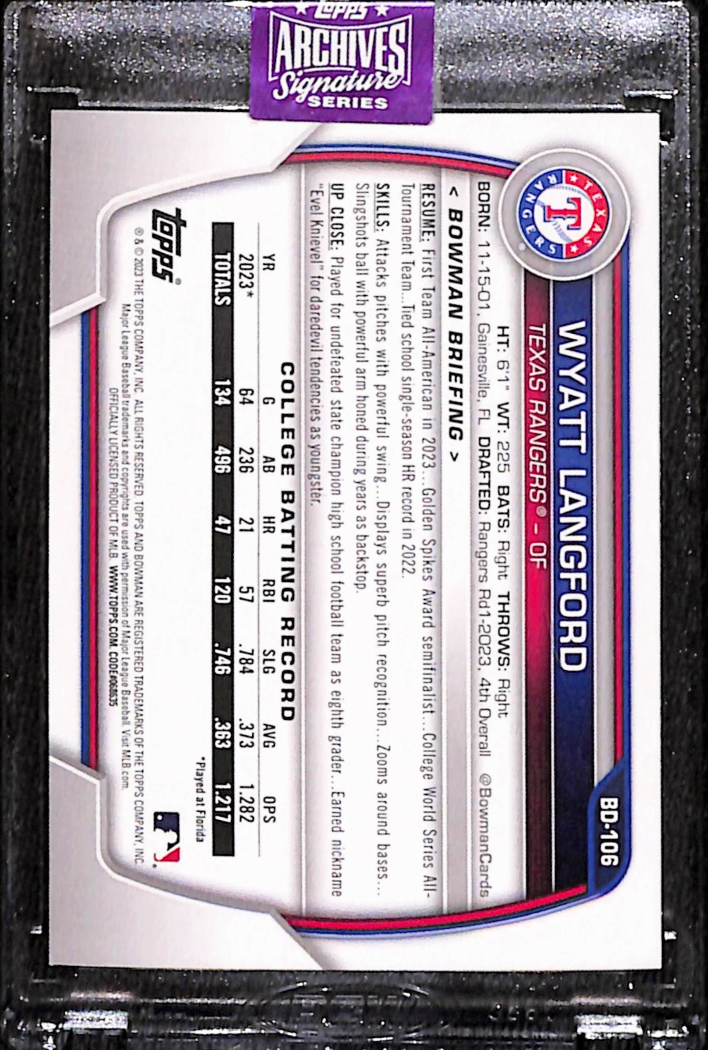 Wyatt Langford 2025 Topps Archives Signature Series 2023 Bowman Auto #49/99